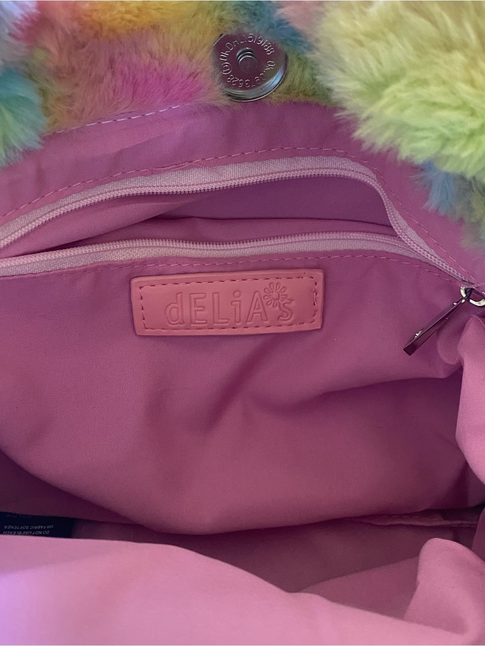 Dolls Kill Pink Plush Tote with Pastel Rainbow Fuzzy Trim - Picture 3 of 3